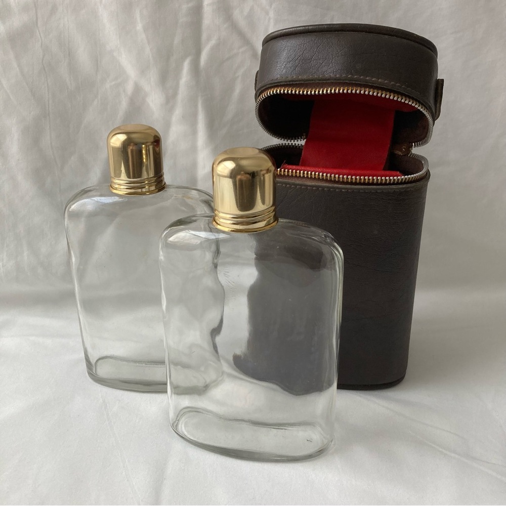 Vintage Mid-Century Travel Leather Flask Carrier With 2 Glass Flasks Bar Decor